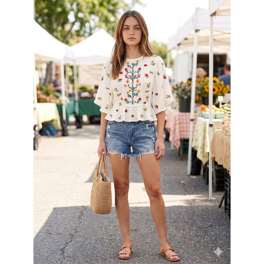 Altar'd State Cream Floral Embroidered Peplum Crop Top